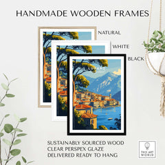 Lugano Travel Print in handmade wooden frames showcasing natural, white, and black options for wall art.