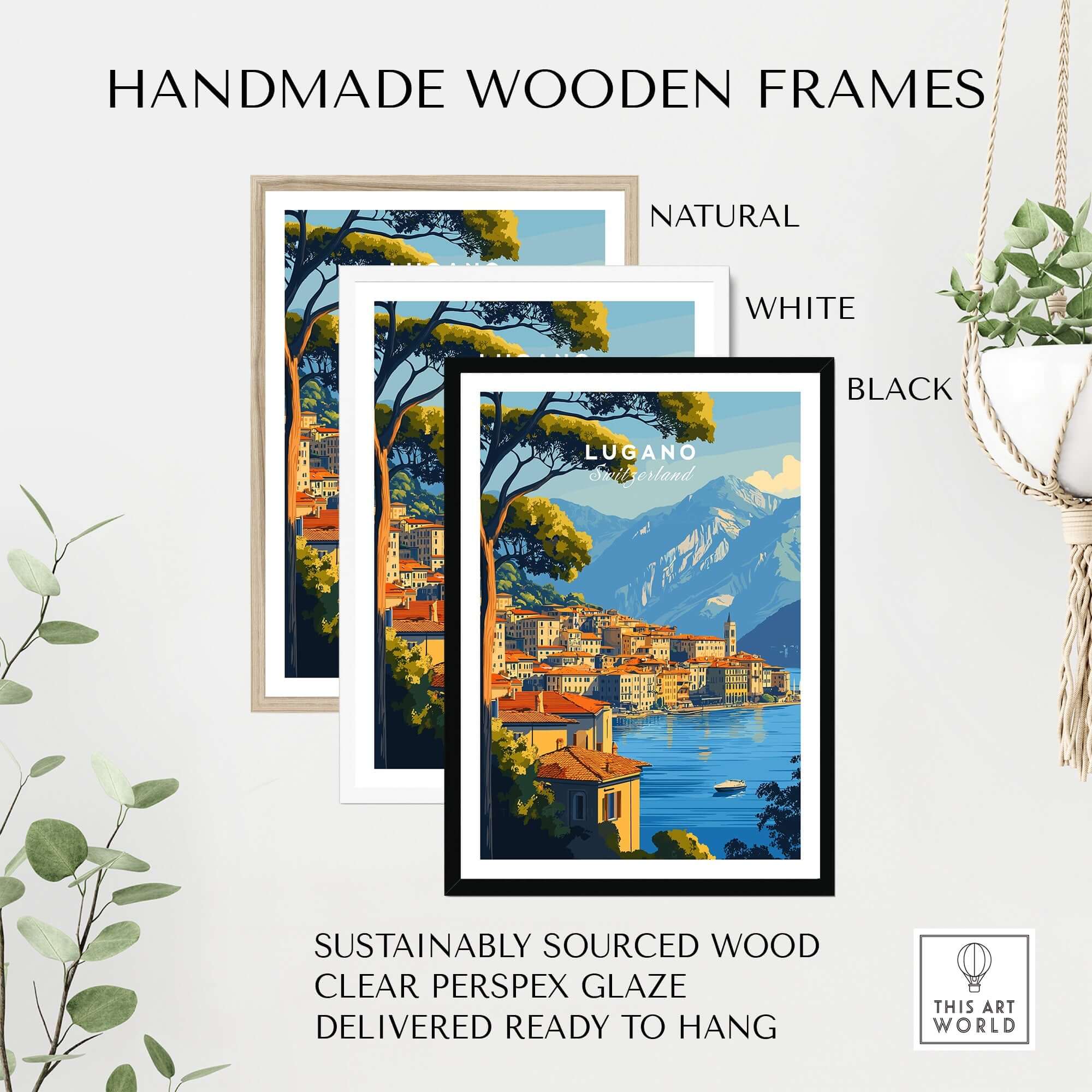 Lugano Travel Print in handmade wooden frames showcasing natural, white, and black options for wall art.