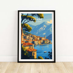 Lugano Travel Print showcasing the scenic lakeside city with mountains, perfect for travel enthusiasts.