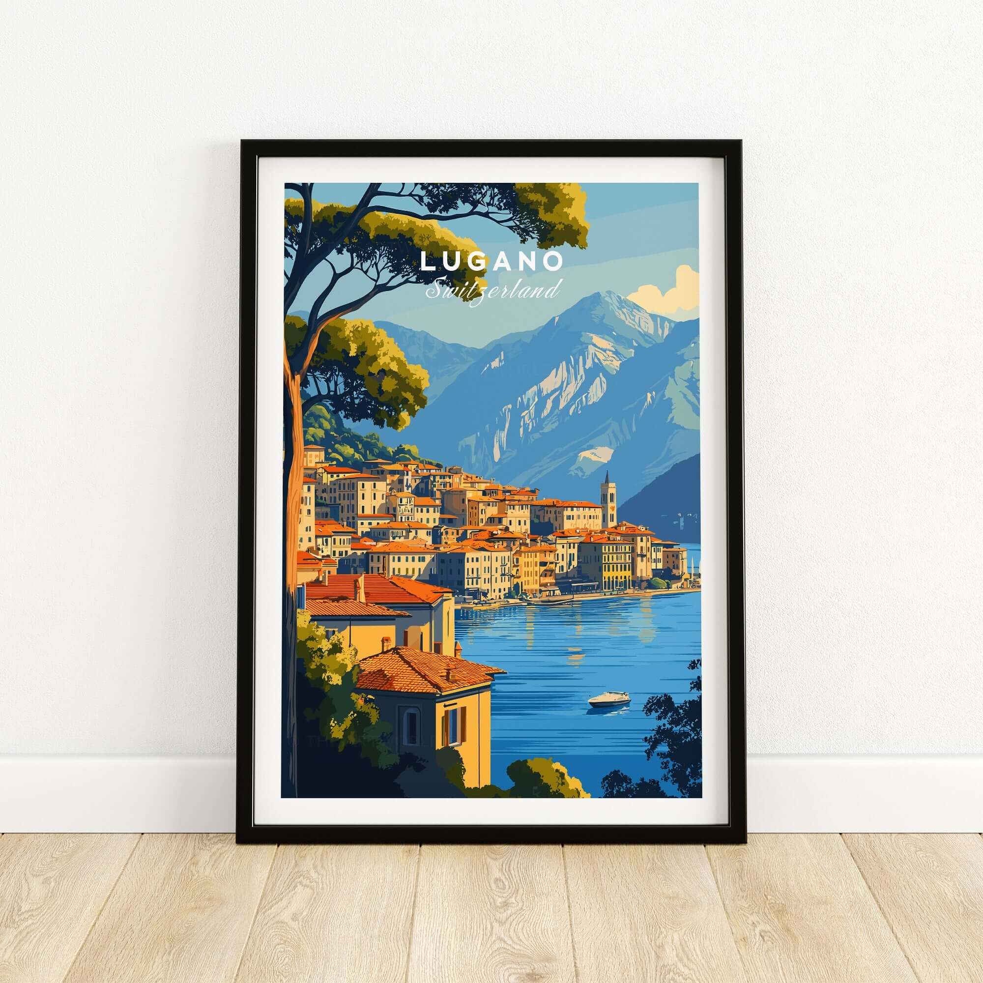 Lugano Travel Print showcasing the scenic lakeside city with mountains, perfect for travel enthusiasts.