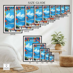 Lugano Wall Art size guide showcasing various frame sizes for travel poster decor.
