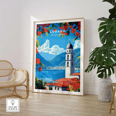 Lugano Wall Art stunning travel poster displaying the beauty of Lugano with vibrant colors and Swiss charm.