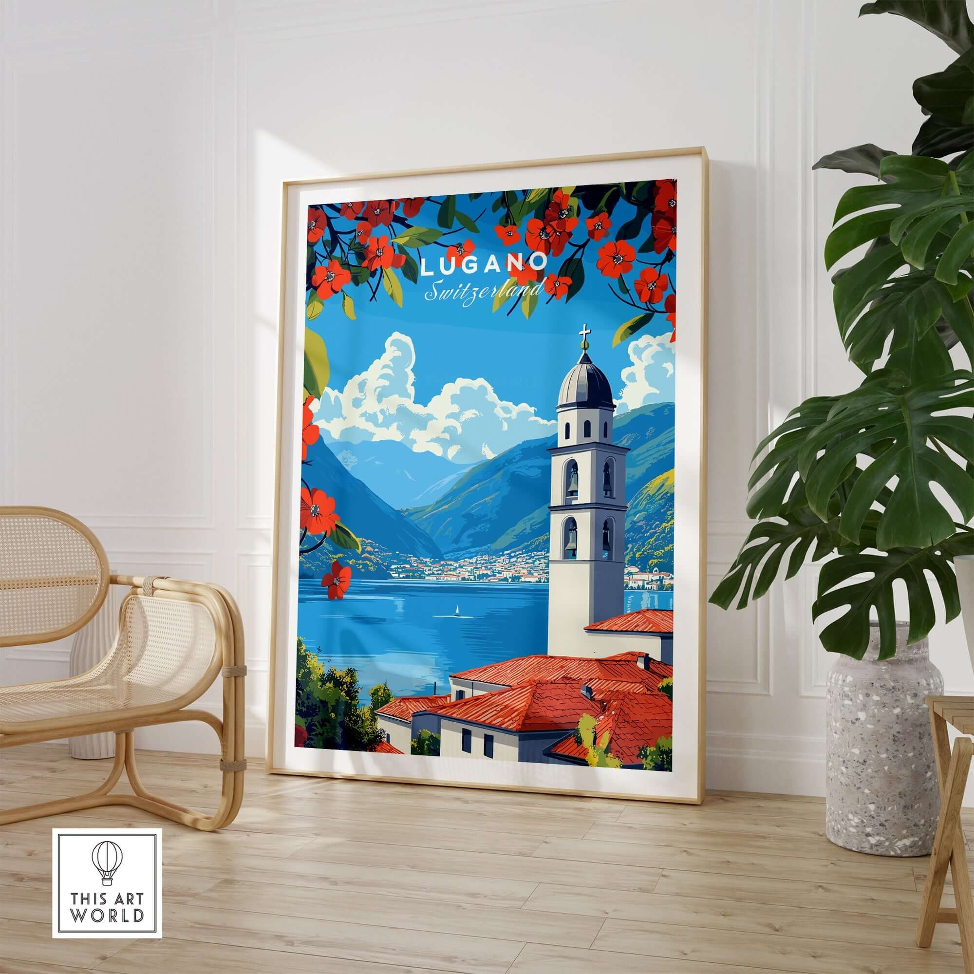 Lugano Wall Art stunning travel poster displaying the beauty of Lugano with vibrant colors and Swiss charm.