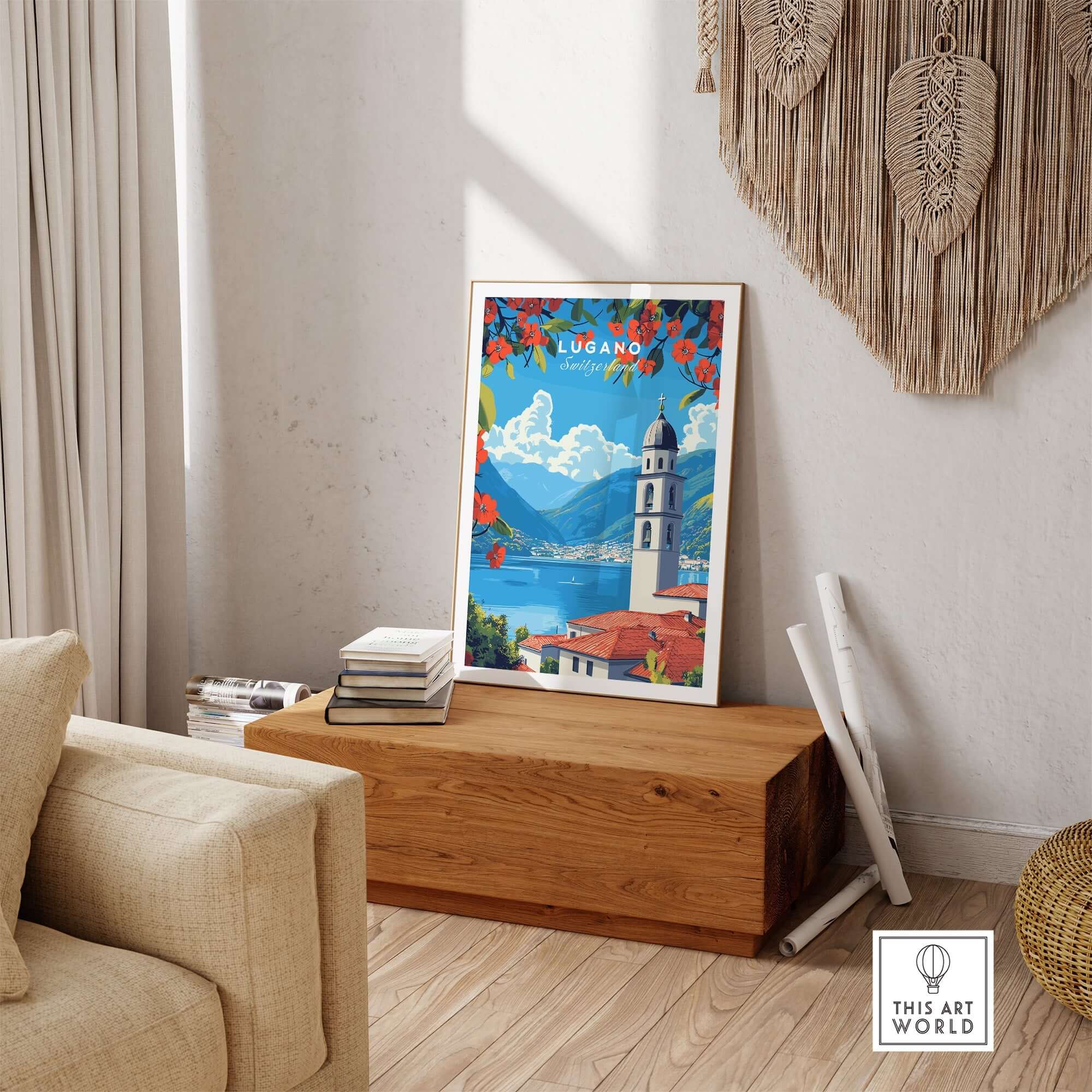 Lugano Wall Art displayed in a cozy room, showcasing Swiss scenery with vibrant colors.