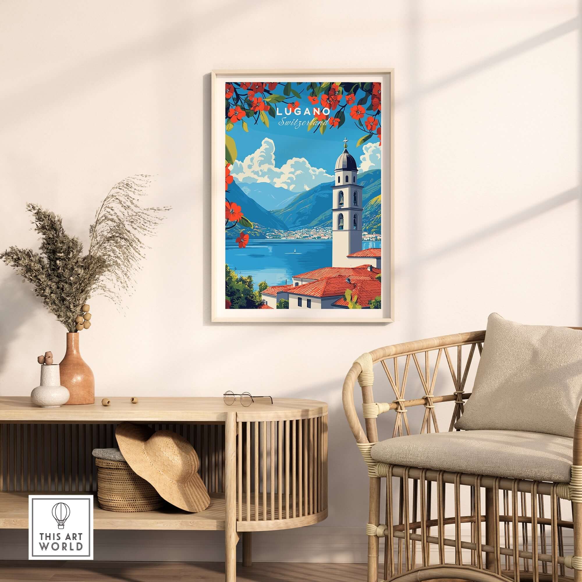 Lugano Wall Art beautifully displayed in a modern living room, featuring stunning Swiss landscape colors.