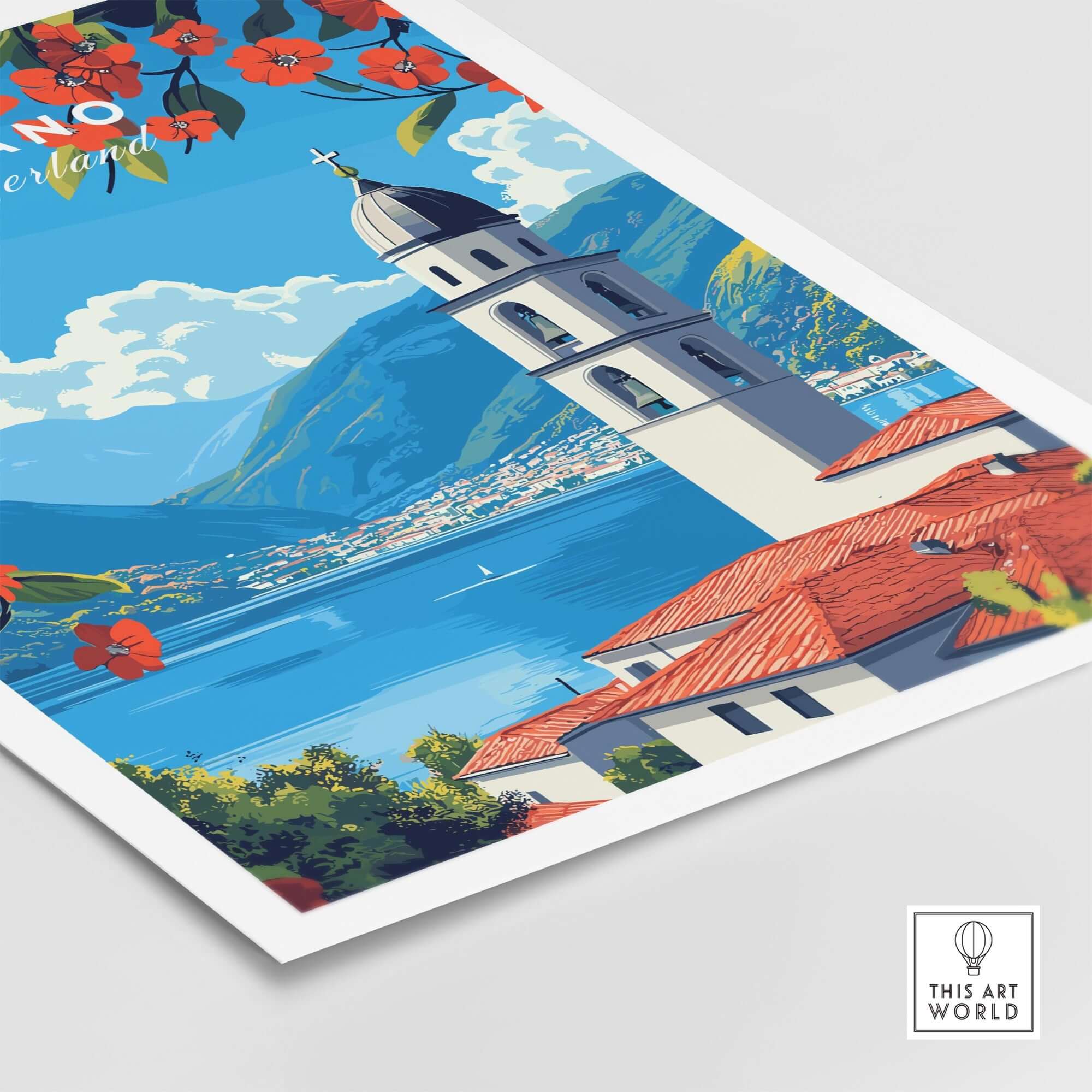 Lugano Wall Art showcasing a vibrant travel poster of Lugano's scenic landscape and iconic architecture.