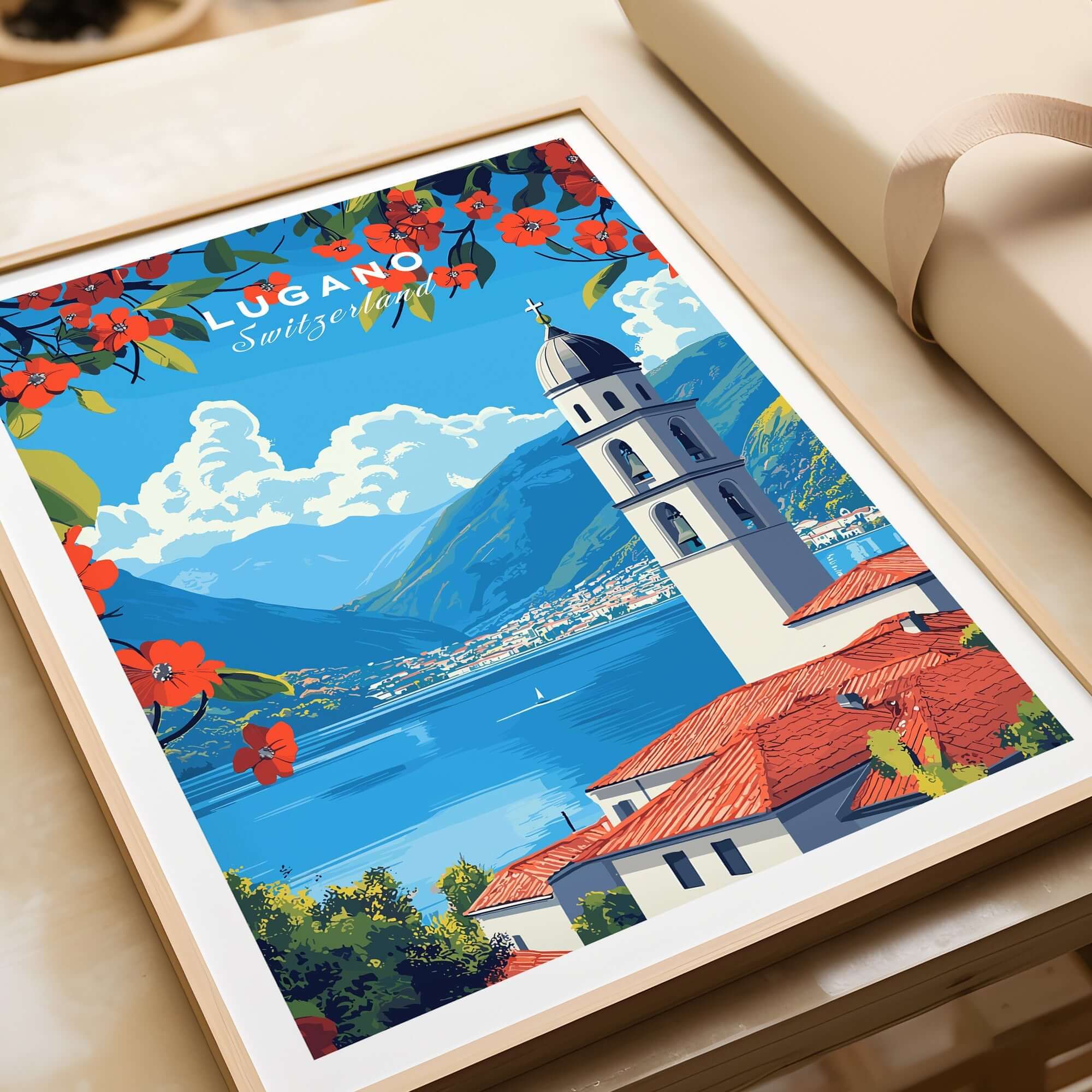 Lugano Wall Art featuring vibrant flowers, mountains, and a bell tower, capturing the charm of Lugano in a stunning print.
