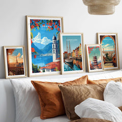 Lugano Wall Art collection featuring vibrant travel posters in stylish frames.
