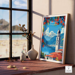 Lugano Wall Art showcasing a scenic travel poster featuring a beautiful Swiss landscape and architecture.