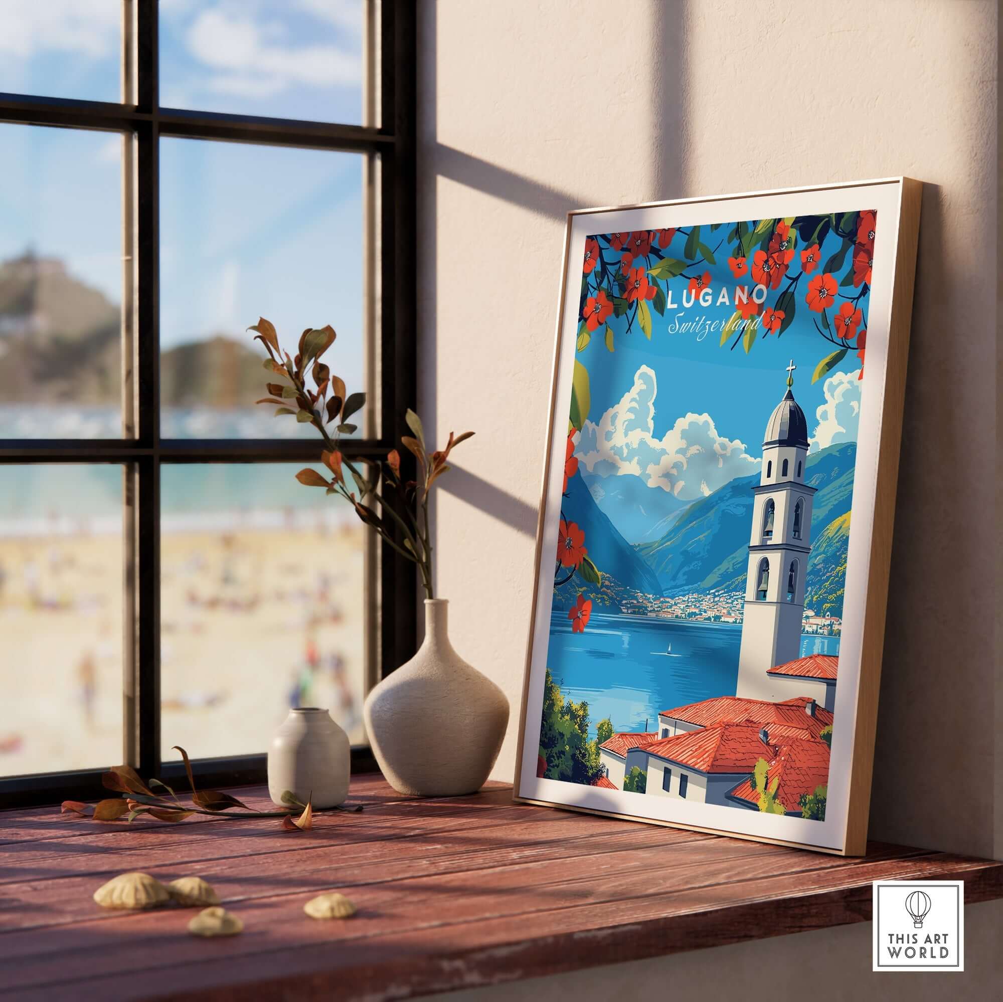 Lugano Wall Art showcasing a scenic travel poster featuring a beautiful Swiss landscape and architecture.