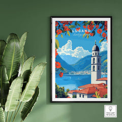 Lugano Wall Art featuring a vibrant travel poster with mountains and a bell tower.