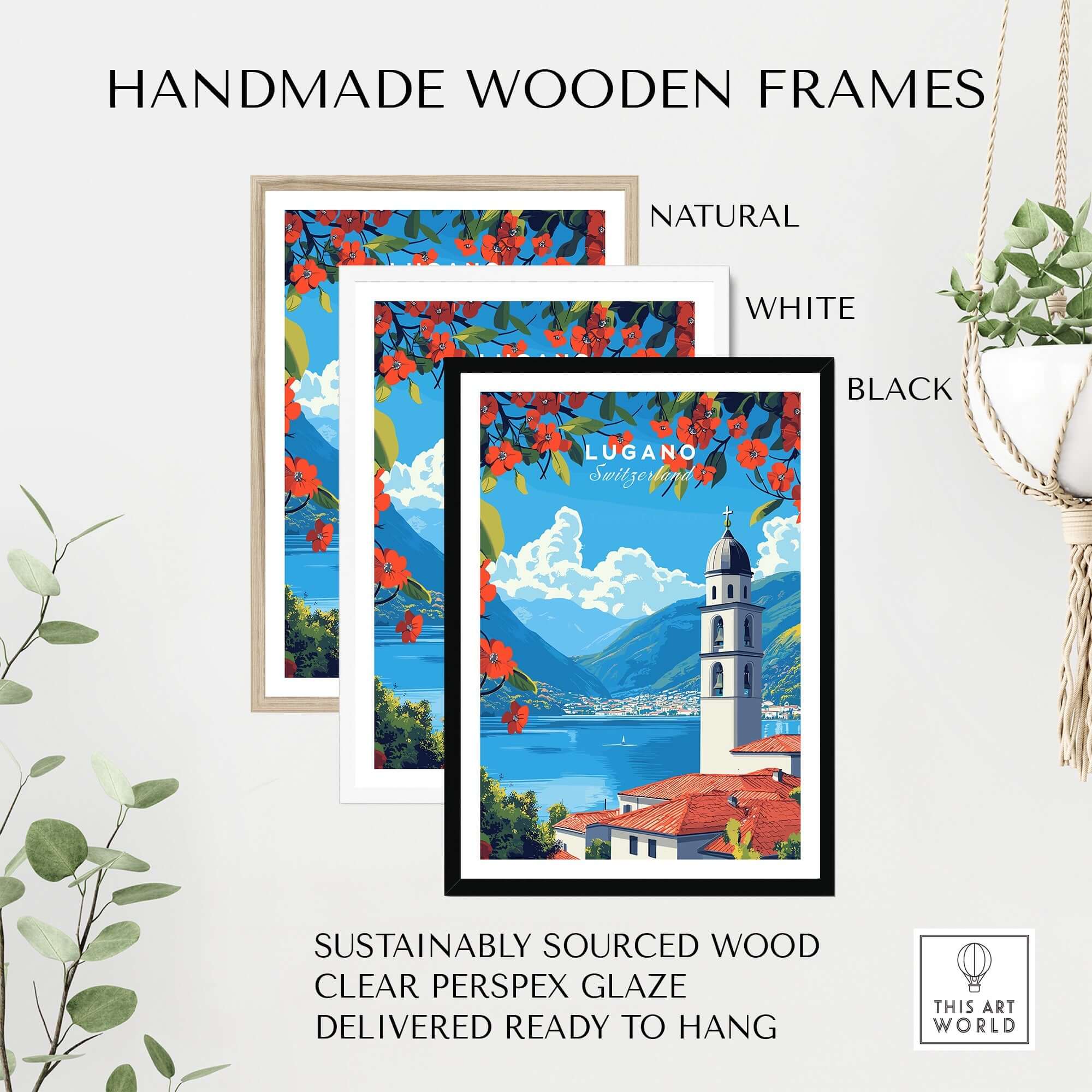 Lugano Wall Art framed in natural, white, and black handmade wooden frames, showcasing stunning Swiss landscape.