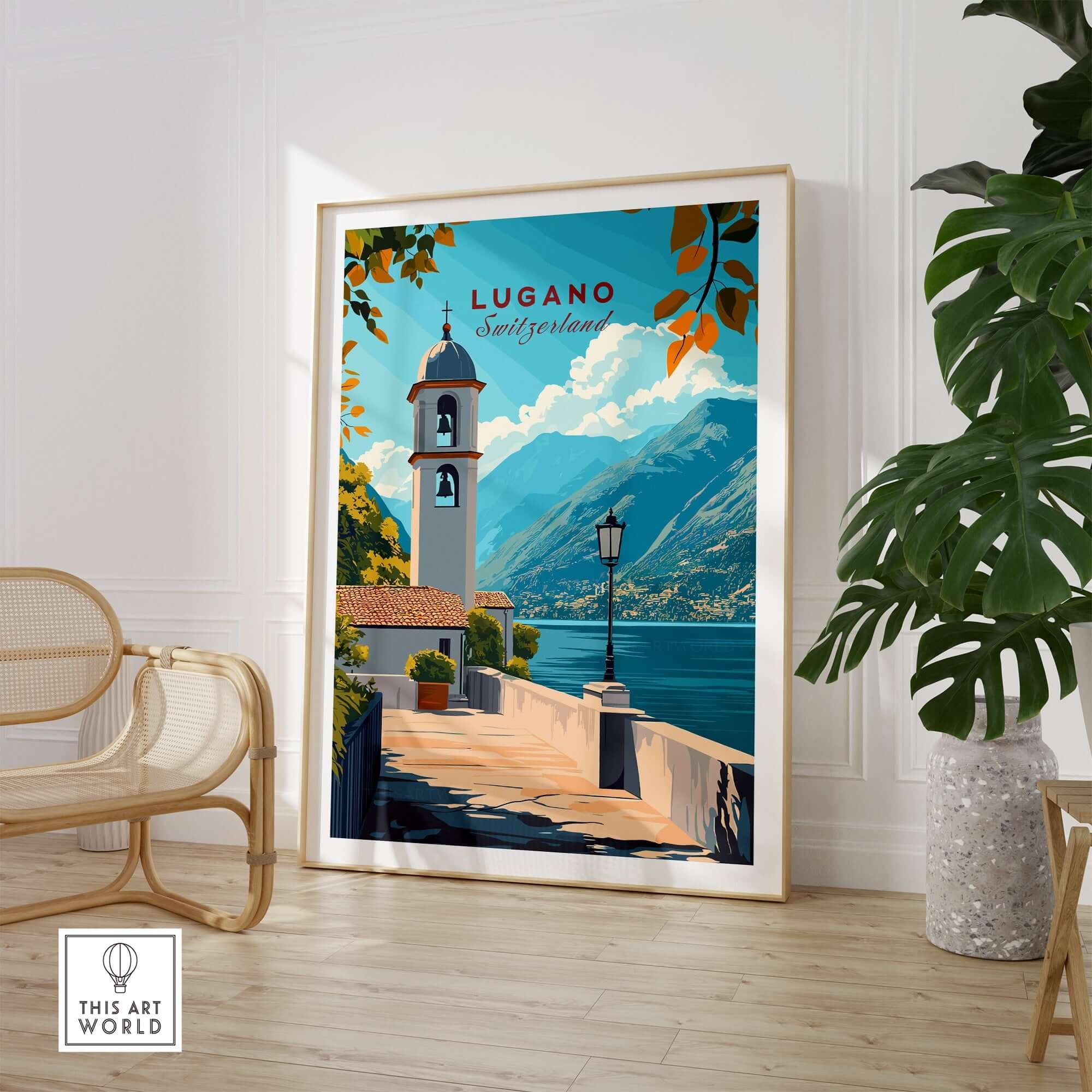 Lugano Wall Art Poster featuring a scenic view of Lugano, Italy, with vibrant colors and striking details.