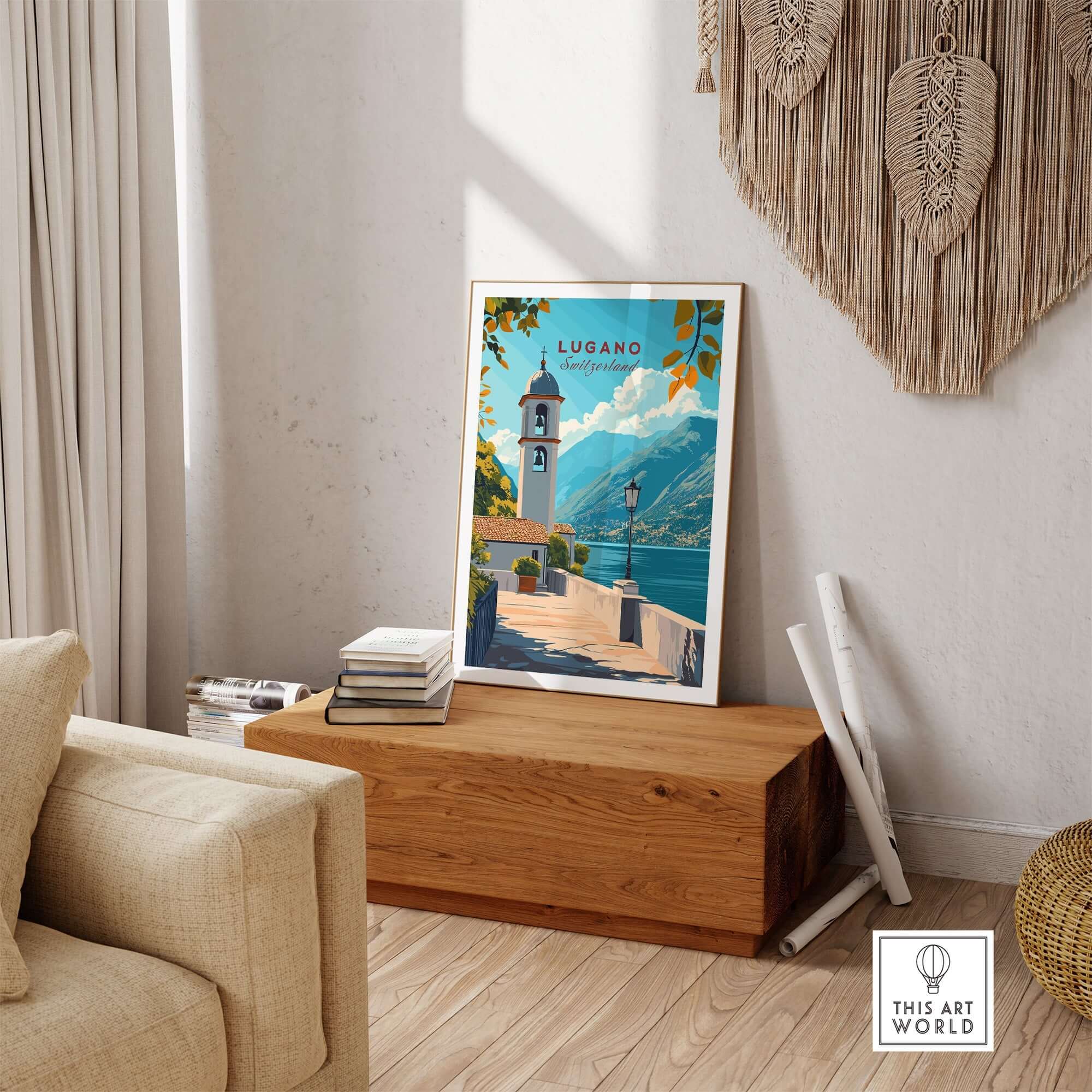 Lugano Wall Art Poster showcasing vibrant colors and intricate details in a stylish home setting.