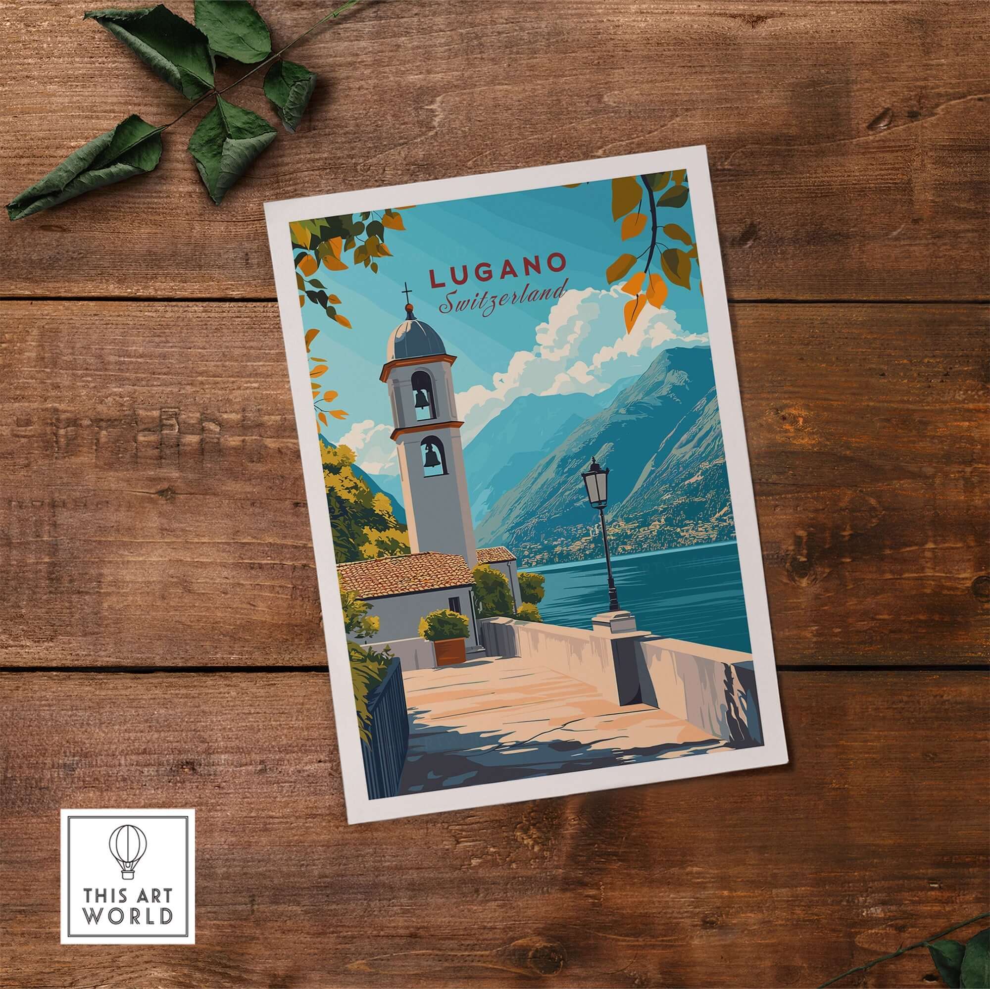Lugano Wall Art Poster showcasing a picturesque landscape of Lugano with vibrant colors and intricate details.