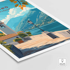 Lugano Wall Art Poster showcasing a vibrant landscape of Lugano with mountains and lake, perfect for home décor.