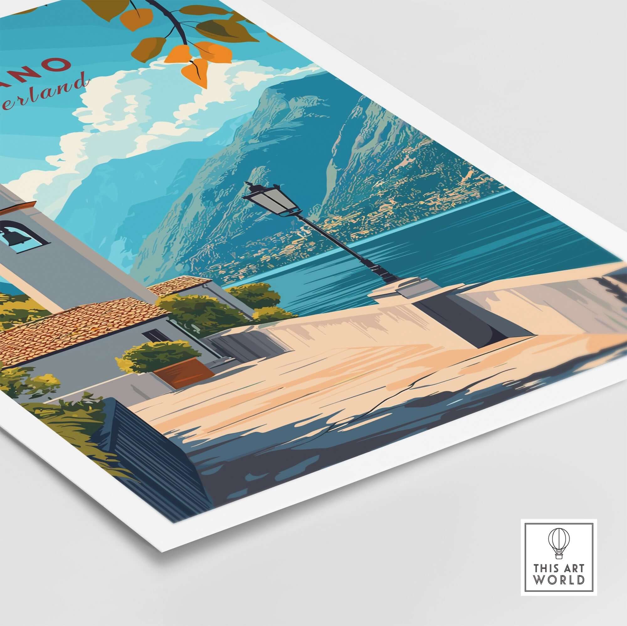 Lugano Wall Art Poster showcasing a vibrant landscape of Lugano with mountains and lake, perfect for home décor.