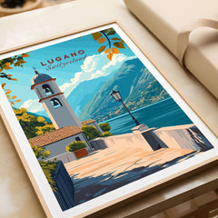 Lugano Wall Art Poster featuring a picturesque view of Lugano, Switzerland with vibrant colors and stunning details.
