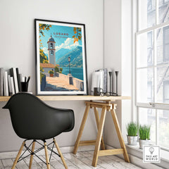 Lugano Wall Art Poster displayed in a stylish office space with modern decor and a view of Lugano's charm.