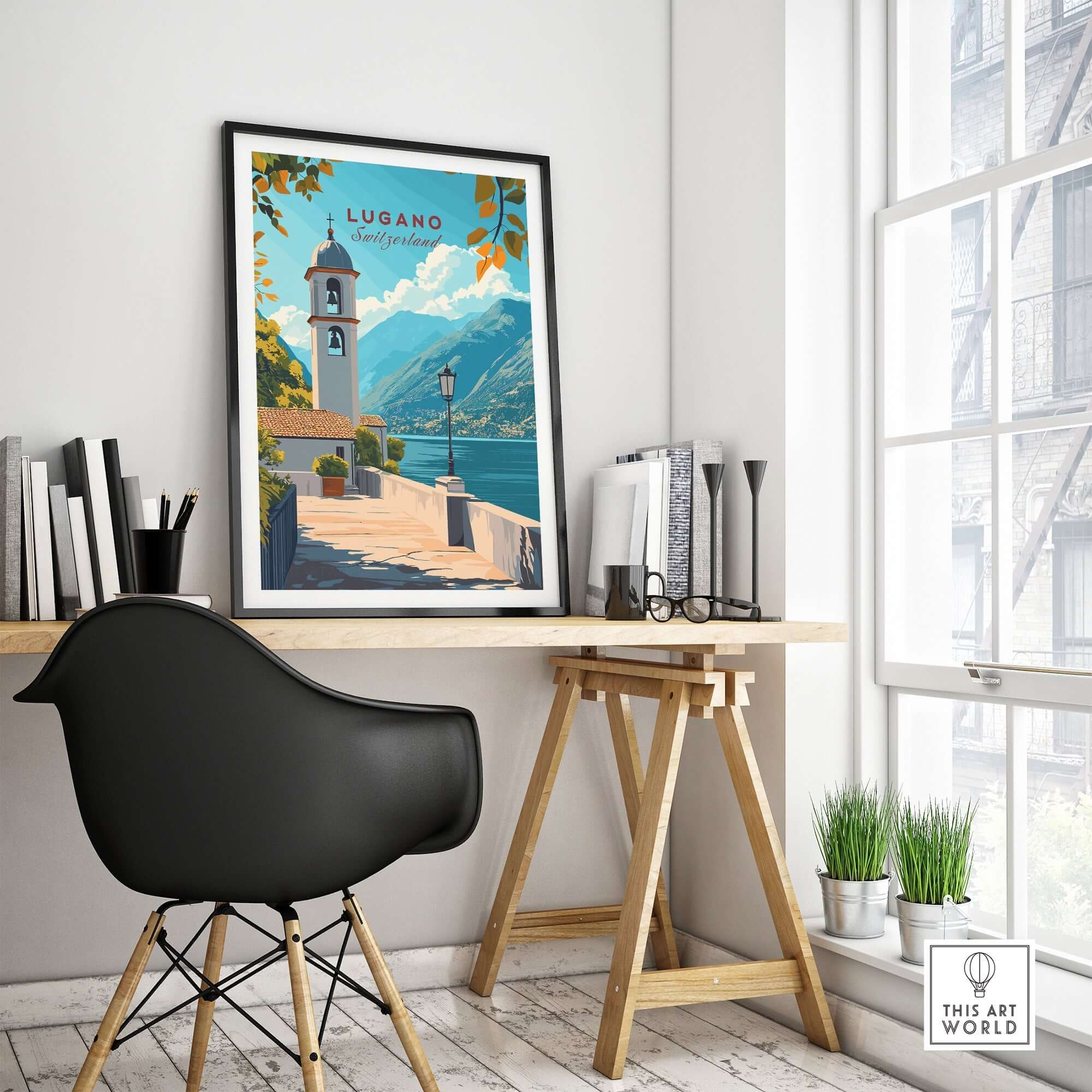 Lugano Wall Art Poster displayed in a stylish office space with modern decor and a view of Lugano's charm.