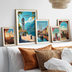 Lugano Wall Art Poster displayed among other vibrant city posters on a stylish sofa arrangement.