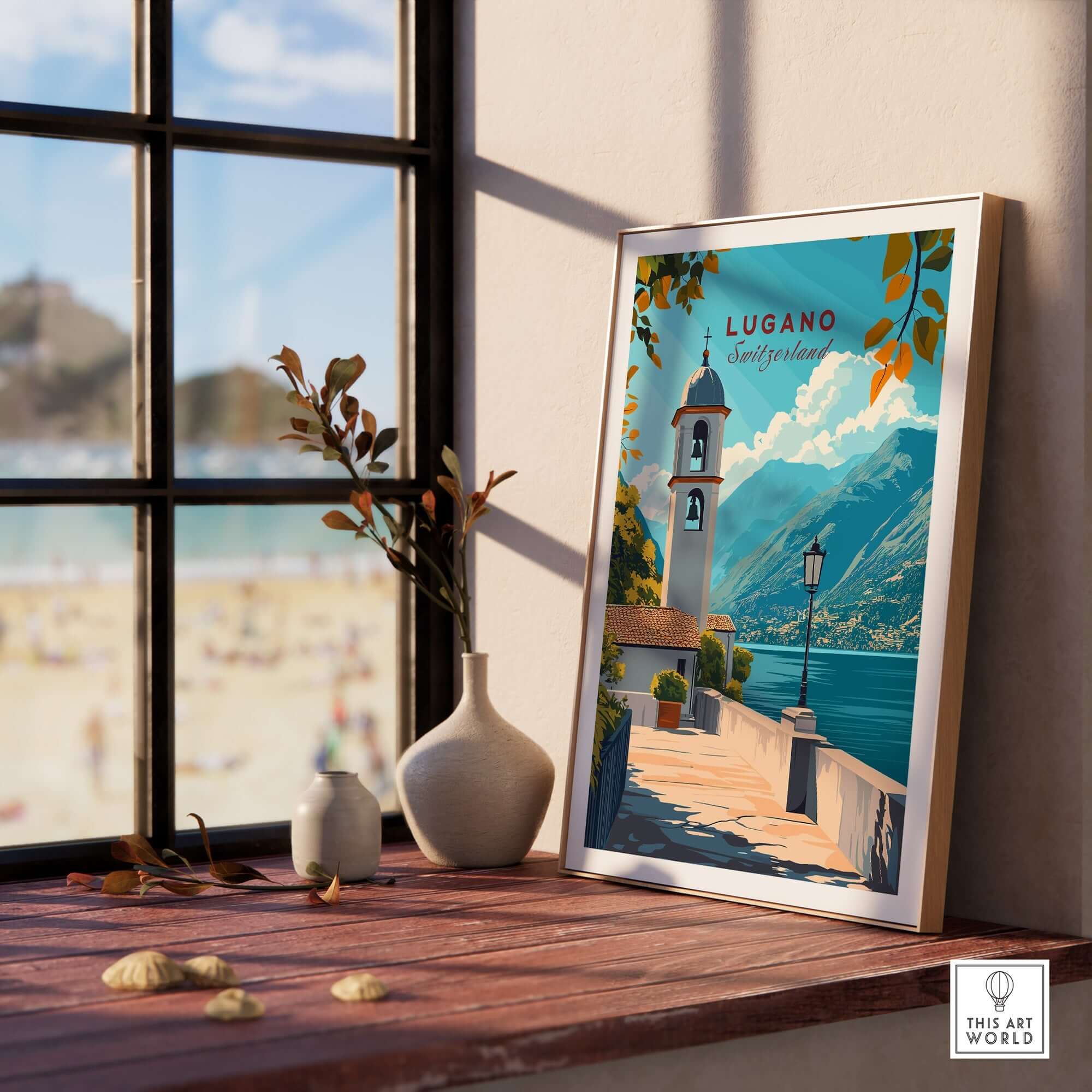 Lugano Wall Art Poster displayed on a wooden table near a window, showcasing the beauty of Lugano's landscapes.