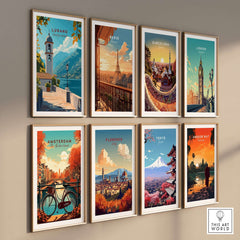 Lugano Wall Art Poster displayed among other city posters, showcasing vibrant travel art for home decor.