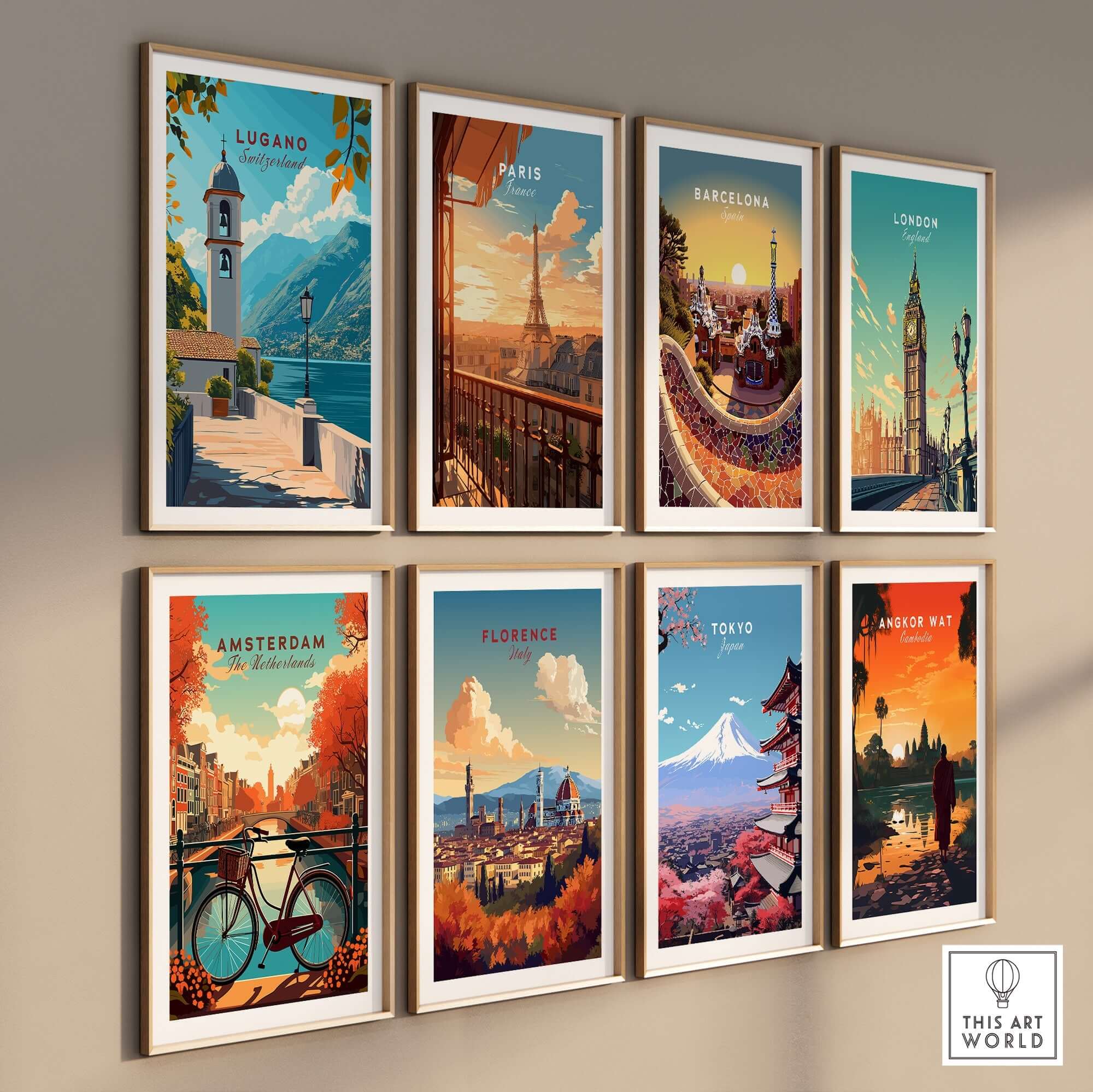 Lugano Wall Art Poster displayed among other city posters, showcasing vibrant travel art for home decor.