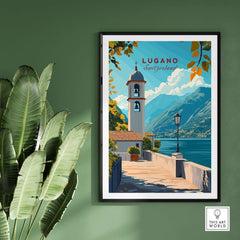 Lugano Wall Art Poster showcasing a picturesque scene of Lugano, Switzerland with vibrant colors and intricate details.