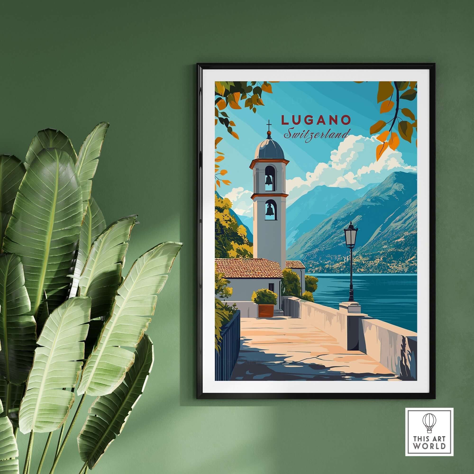 Lugano Wall Art Poster showcasing a picturesque scene of Lugano, Switzerland with vibrant colors and intricate details.