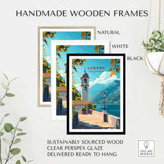 Lugano Wall Art Poster displayed in handmade wooden frames, showcasing natural, white, and black options.