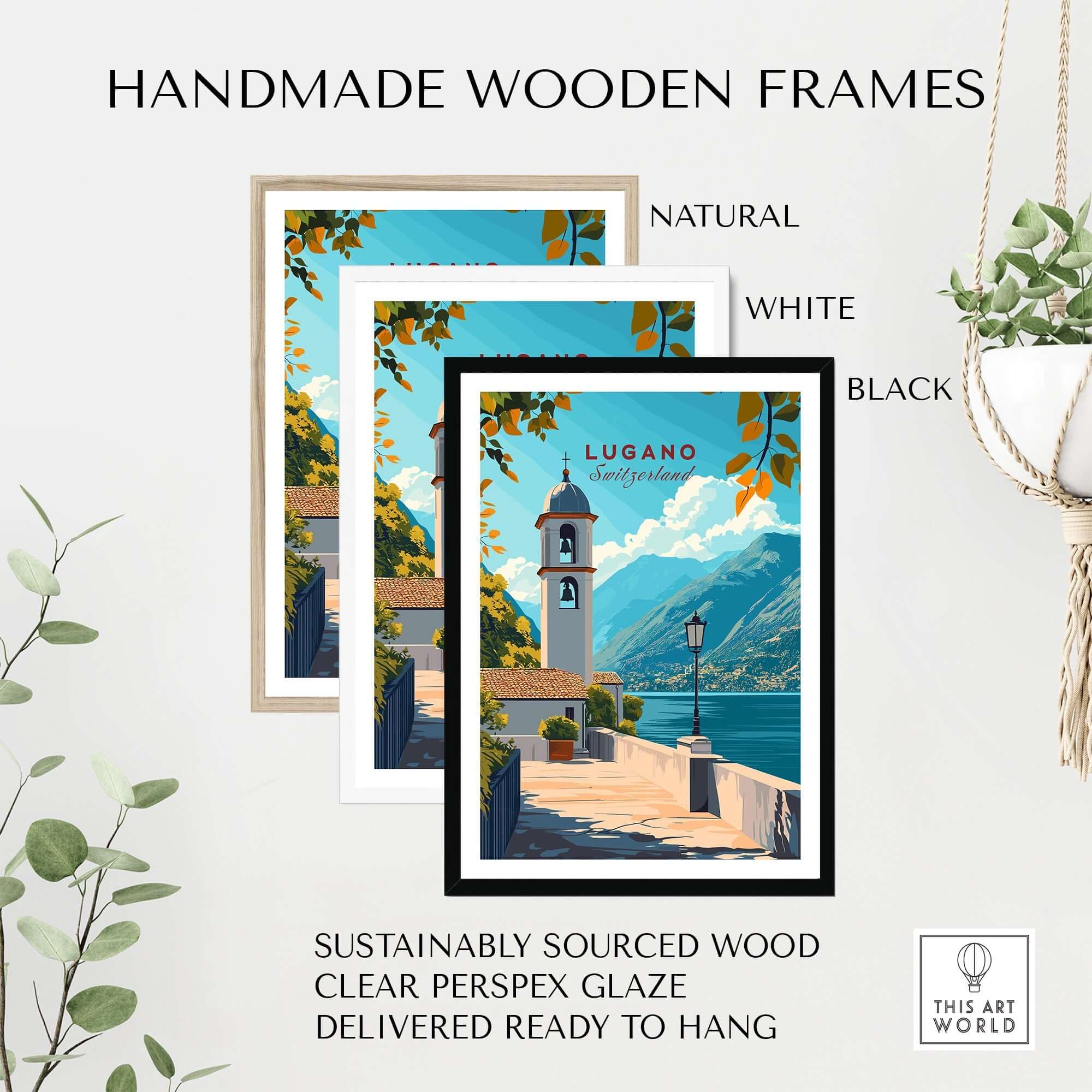 Lugano Wall Art Poster displayed in handmade wooden frames, showcasing natural, white, and black options.