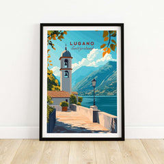 Lugano Wall Art Poster showcasing a vibrant view of Lugano, Switzerland with mountains and architecture.
