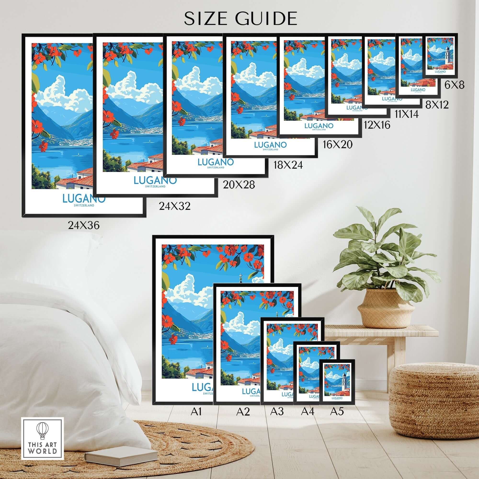 Lugano Wall Art Print size guide showcasing various dimensions and styles for home decor.
