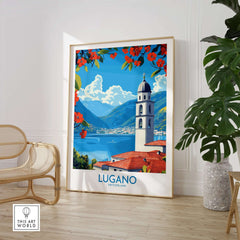 Lugano Wall Art Print showcasing a vibrant view of Lugano, Switzerland with mountains and flowers.