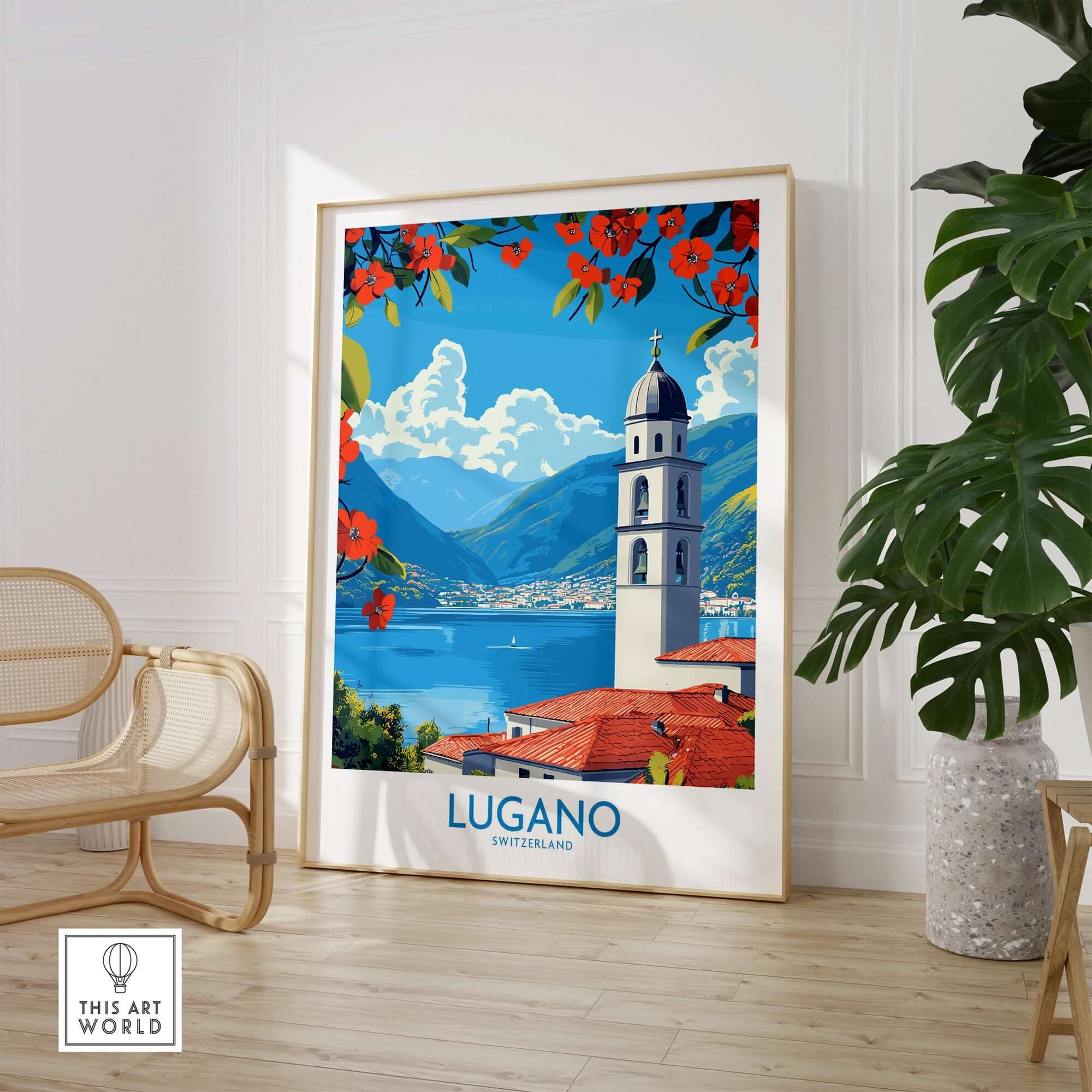 Lugano Wall Art Print showcasing a vibrant view of Lugano, Switzerland with mountains and flowers.