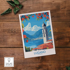 Lugano Wall Art Print featuring a vibrant depiction of Lugano, Switzerland with scenic mountains and flowers.