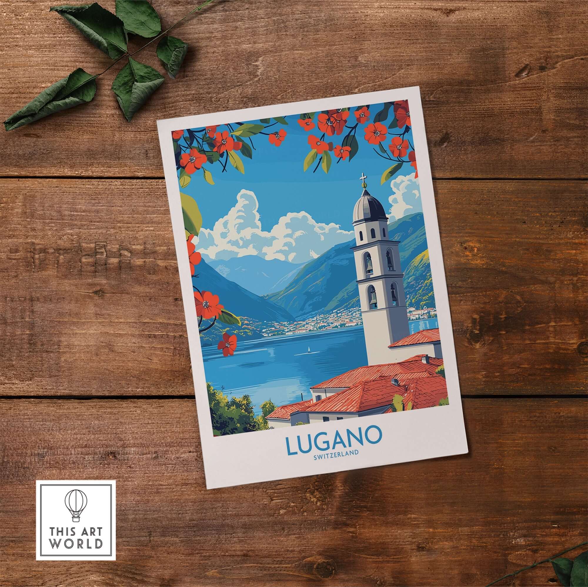 Lugano Wall Art Print featuring a vibrant depiction of Lugano, Switzerland with scenic mountains and flowers.