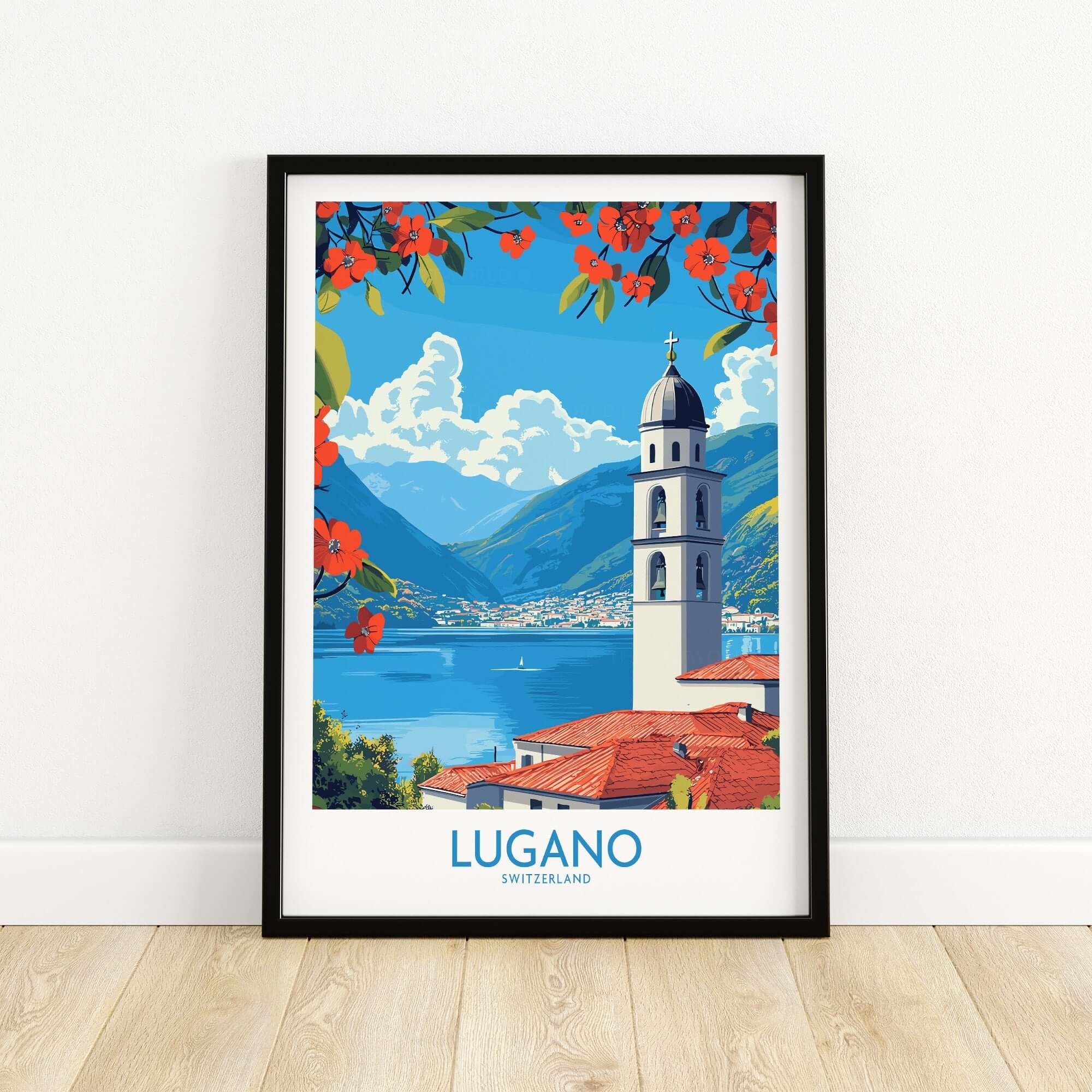 Lugano Wall Art Print featuring a vibrant depiction of Lugano, Switzerland with flowers and mountains.