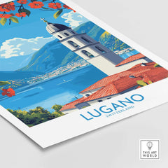 Lugano Wall Art Print featuring a charming depiction of Lugano, Switzerland with vibrant colors and beautiful scenery.