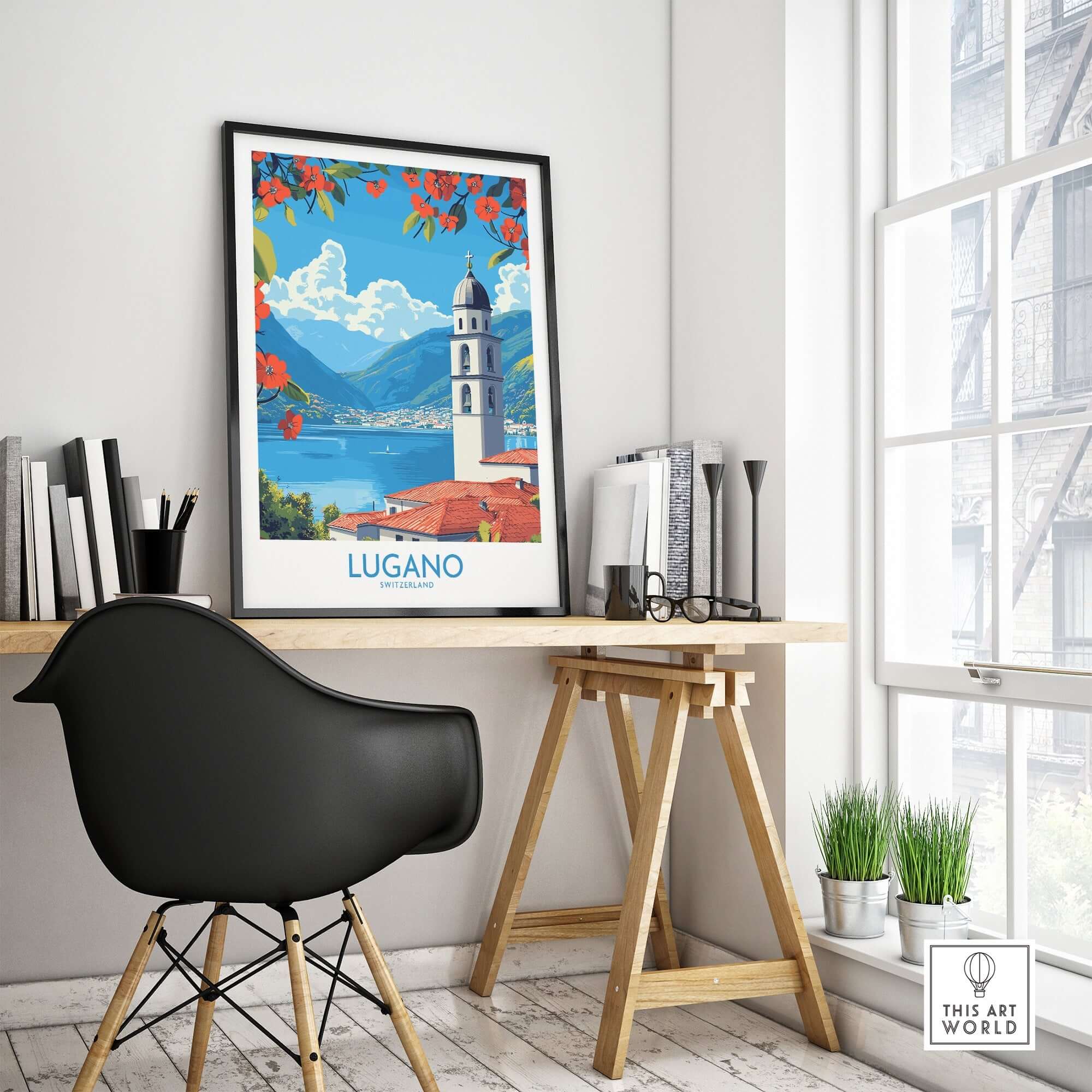 Lugano Wall Art Print displayed in a modern office, showcasing a picturesque Swiss landscape.