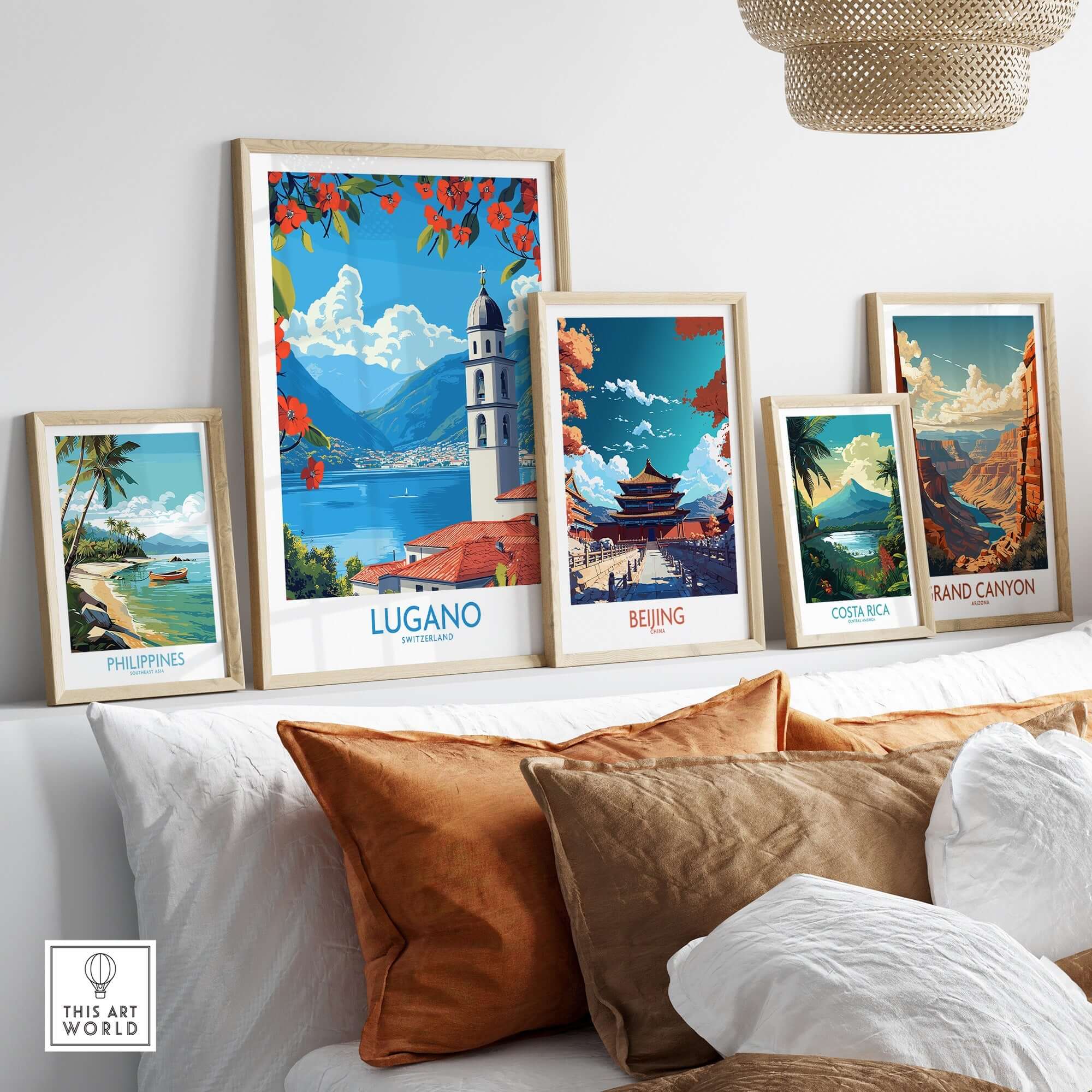 Lugano Wall Art Print displayed among travel posters for Beijing, Costa Rica, Philippines, and Grand Canyon.