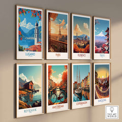 Lugano Wall Art Print and other travel posters on a gallery wall showcasing European cities.