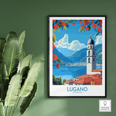 Lugano Wall Art Print showcasing a picturesque view of Lugano, Switzerland with vibrant flowers and mountains.