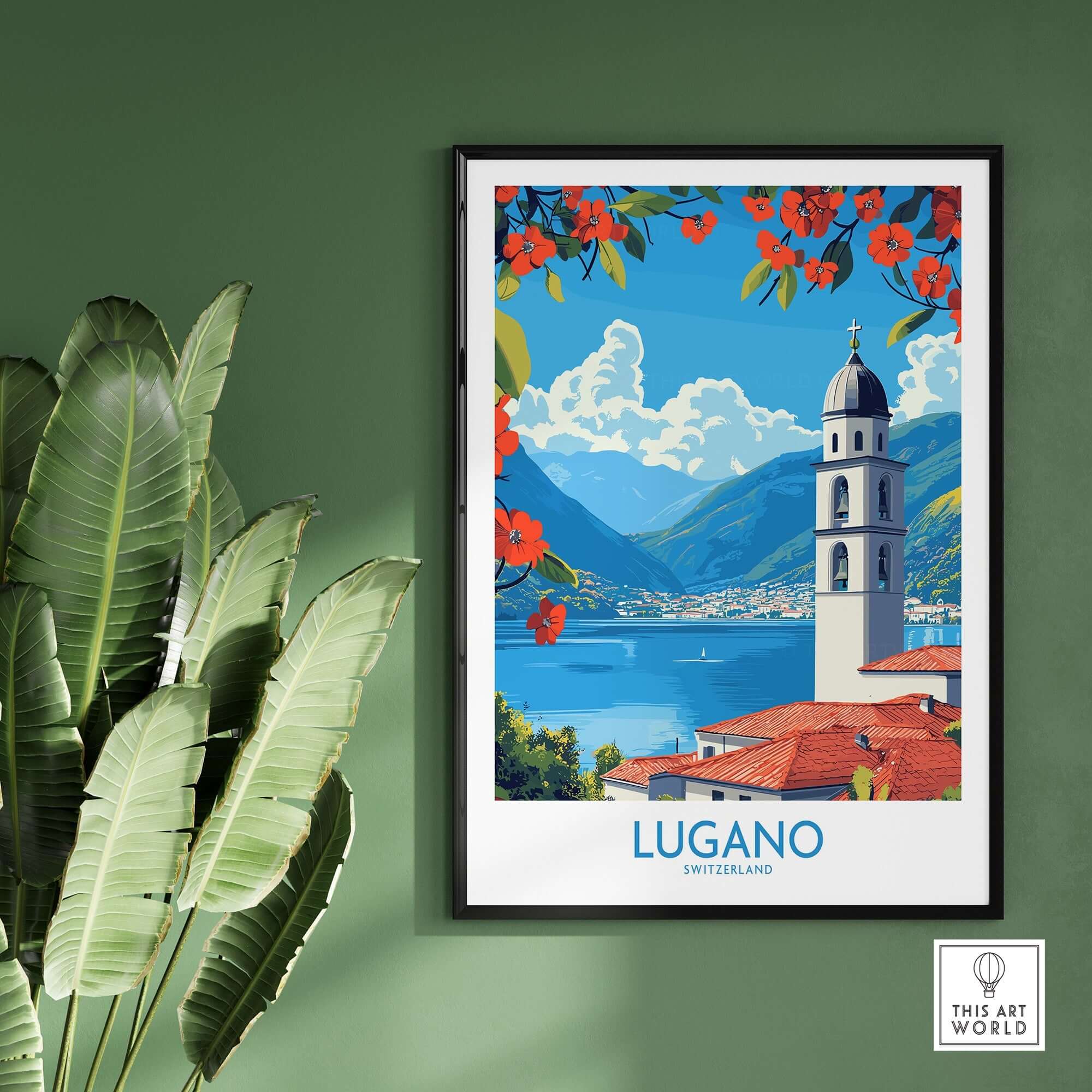 Lugano Wall Art Print showcasing a picturesque view of Lugano, Switzerland with vibrant flowers and mountains.