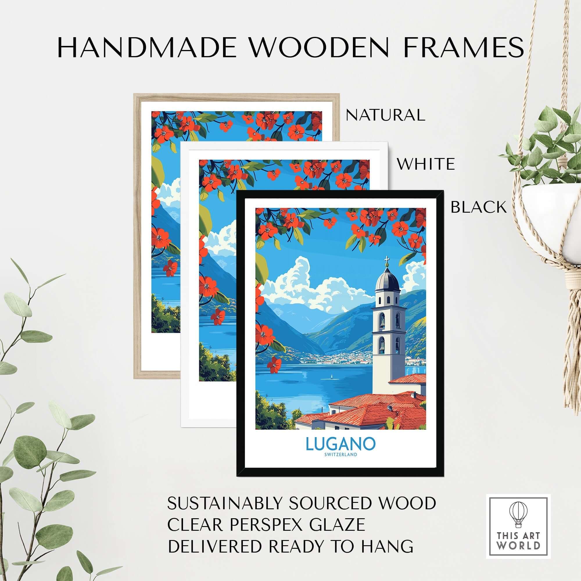 Lugano Wall Art Print displayed in handmade wooden frames in natural, white, and black colors.