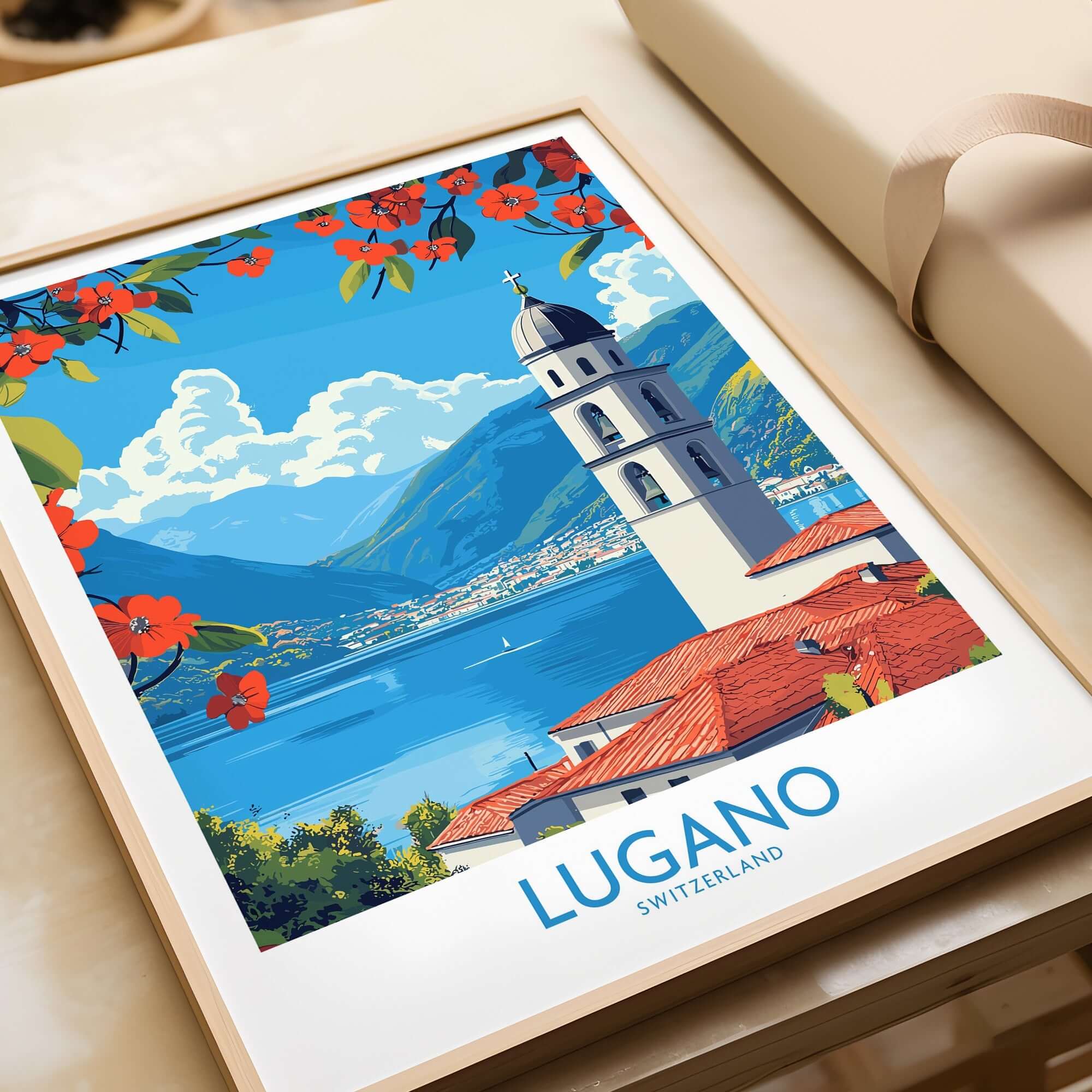 Lugano Wall Art Print featuring a colorful depiction of Lugano, Switzerland with flowers and mountains.