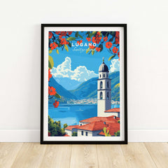 Lugano Wall Art featuring a picturesque view of Lugano with flowers and mountains, adding sophistication to any room.