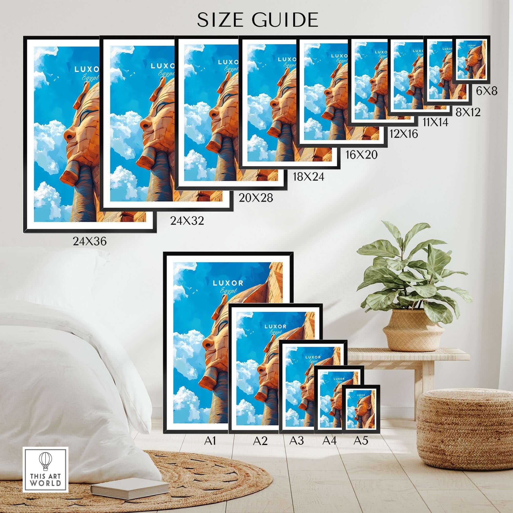 Luxor Egypt Poster size guide showcasing various frame sizes with vibrant Luxor landscape design.