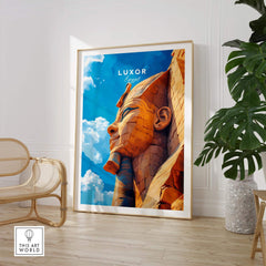 Luxor Egypt Poster featuring a stunning depiction of the Sphinx with vibrant colors in a stylish room setting.